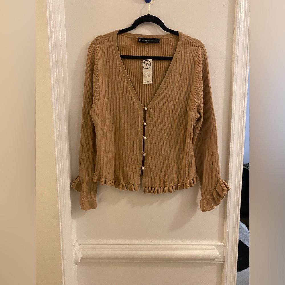 Fashion to Figure Camel Ribbed V-Neck Cardigan with Pearl Buttons